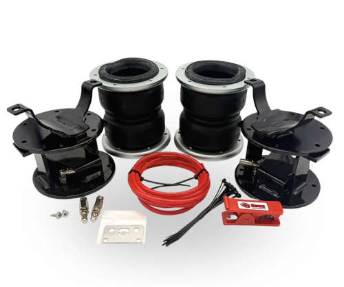 Two black air springs with mounting brackets and silver flanges, plus red air line and assorted hardware for a vehicle air suspension kit.